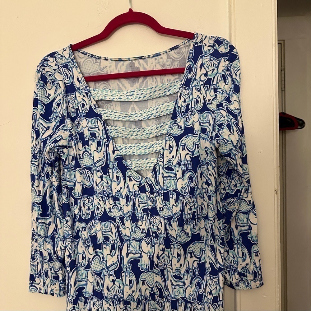 Lily Pulitzer Ophelia Blue White Get Trunky Elephant Print Swing Dress Medium - Picture 5 of 7
